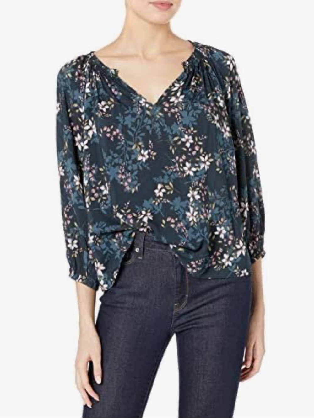 Velvet Valeria Printed Challis Floral V-Neck Peasant Blouse Black Blue XS